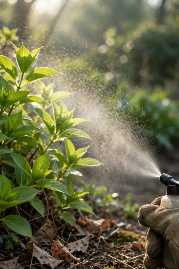 A gloved hand spraying protectant on clean new spring leaves.