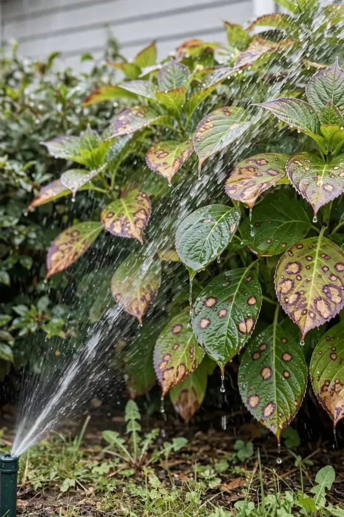 A lawn sprinkler spraying water onto hydrangea foliage.
