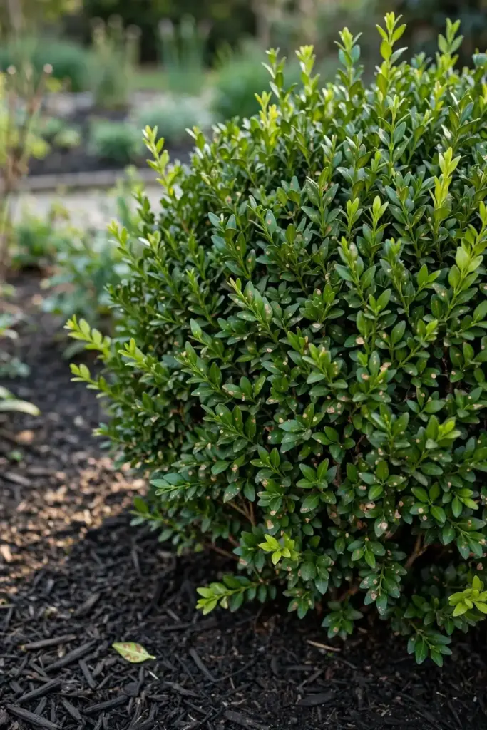 A mature boxwood with mild leaf spot standing healthy in a garden.