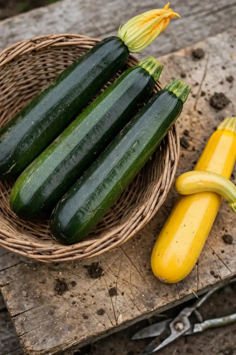 Basket of freshly picked zucchini on a timber board