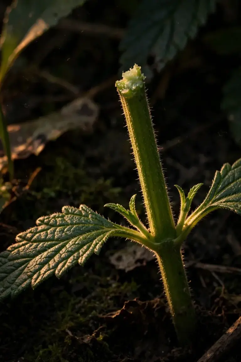 Macro of a pinched verbena stem tip with two new side shoots emerging