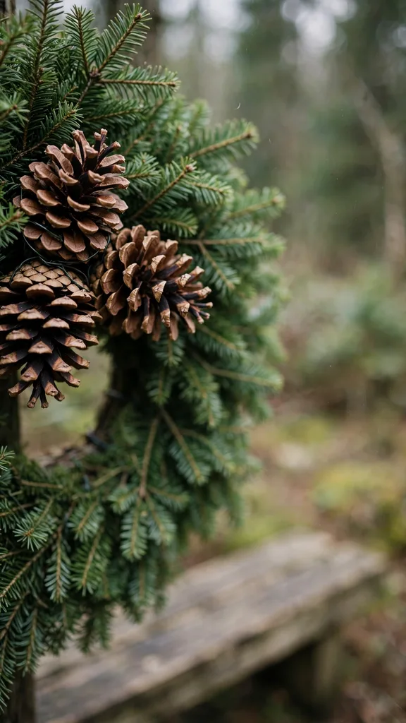 Open pine cones set deep between evergreen bundles on a wreath ring