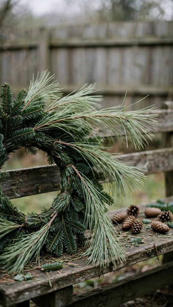 Long pine stems with soft needles tucked behind fir bundles on a wreath ring
