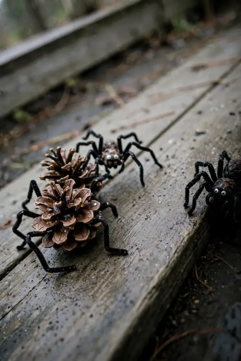Handmade pinecone spiders with black pipe-cleaner legs clustered on a weathered porch board