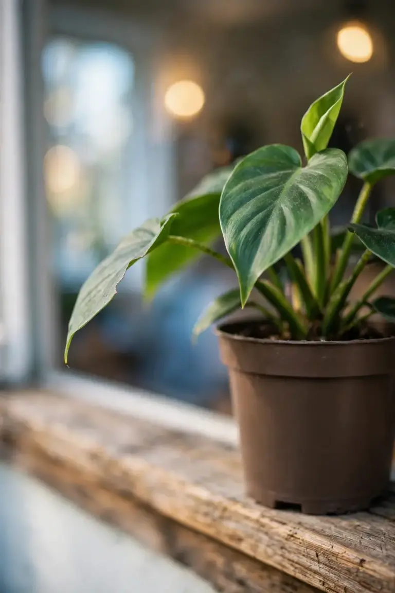 Potted plant resting in bright shade by a window