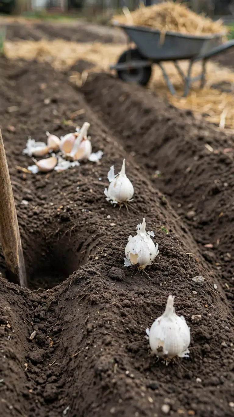 Garlic cloves planted pointy-end-up at even spacing in a furrowed bed