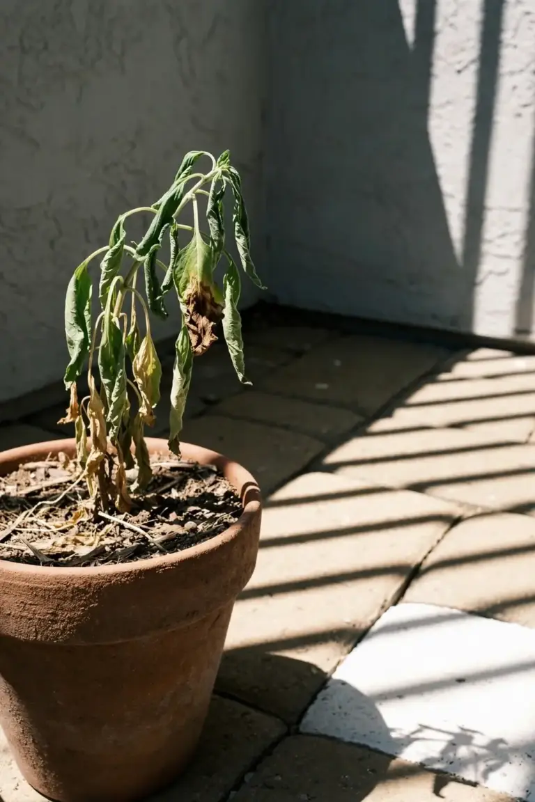 Potted plant wilting in harsh summer sun on a patio