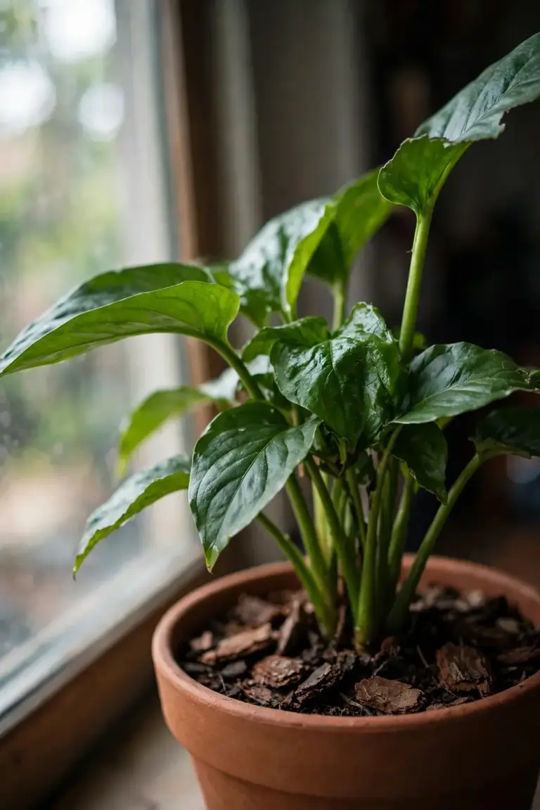 Settled plant thriving in its new pot by a window
