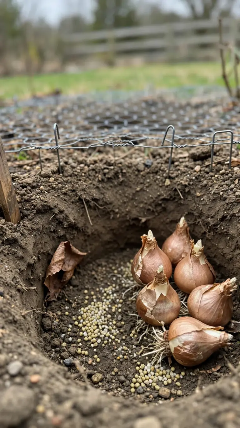 Tulip bulbs set nose-up in a planting hole before chicken wire goes over the bed
