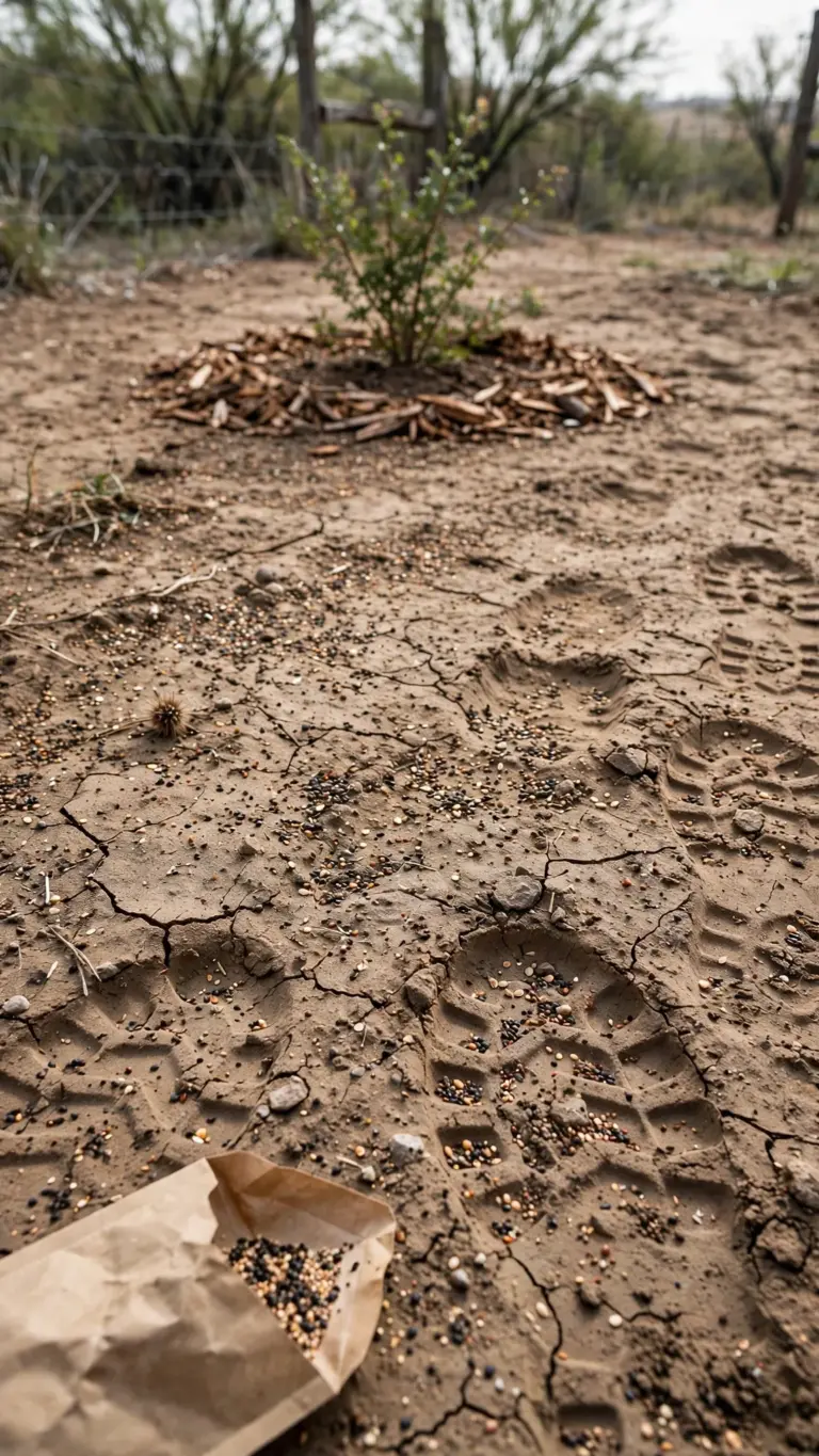 Wildflower seed scattered on bare soil and pressed in by boot prints