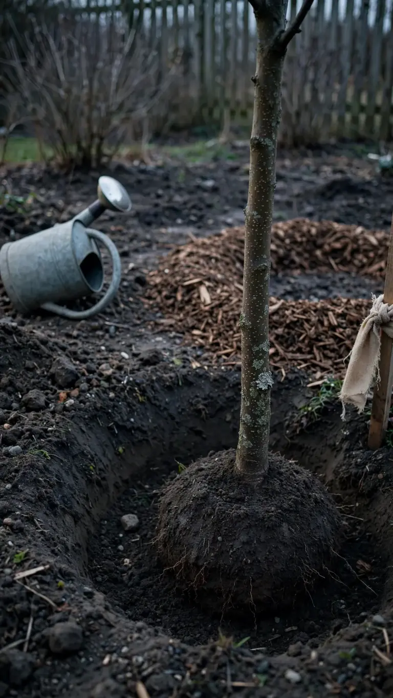 Young tree planted with root flare at grade in a wide shallow hole