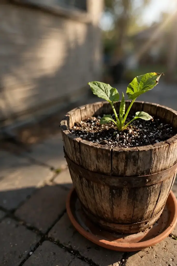 Young plantain growing in a large pot on a sunny patio