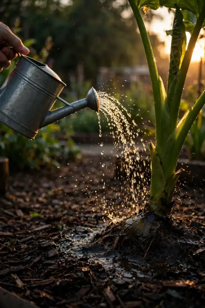 Watering can pouring water onto the mulched root zone of a plantain plant