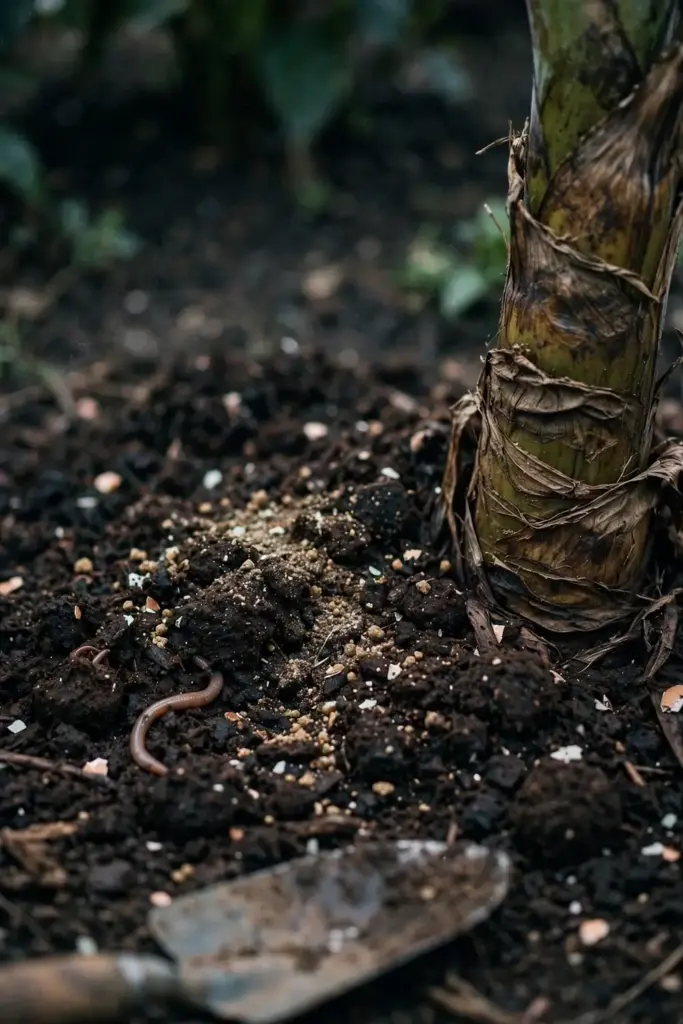 Compost and organic fertilizer spread around a plantain mat