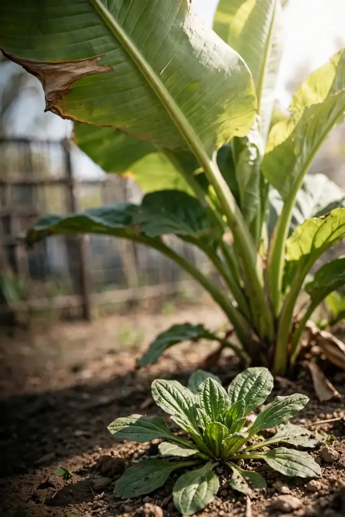 Tall plantain fruit plant beside a low plantago weed rosette for comparison