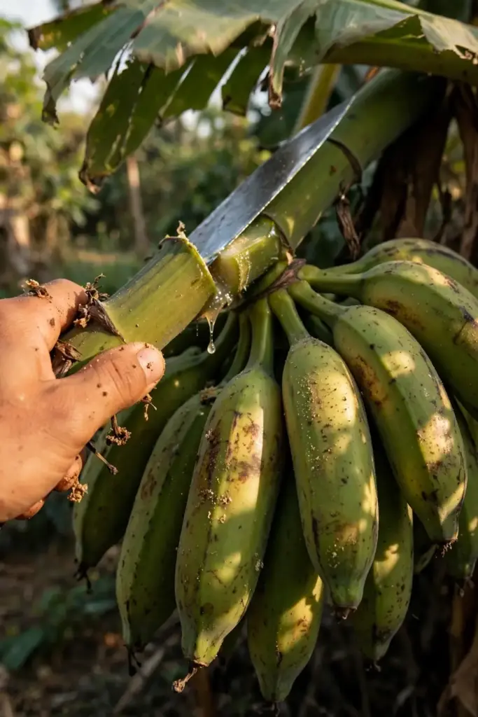 Hand steadying a ripe plantain bunch being cut from the plant at harvest