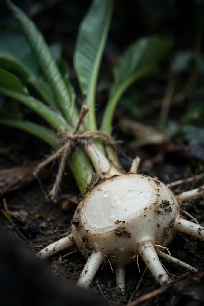 Plantain sucker corm showing clean white tissue with trimmed roots