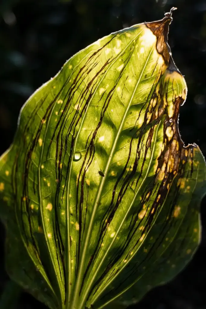 Plantain leaf with streaks and spots from leaf disease, backlit
