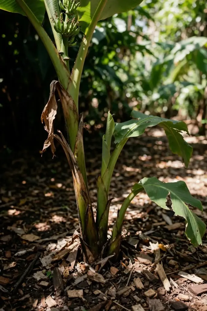 Plantain mat with three stems of different heights growing from one clump