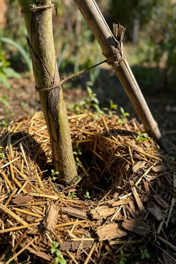 Thick mulch ring around a plantain stem with a bamboo support stake