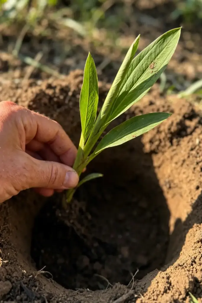 Hand planting a plantain sucker into a compost-filled hole in the garden