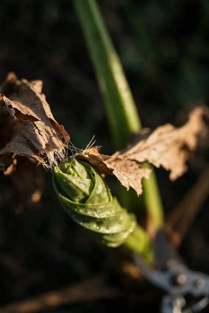 Pruning shears cutting a dead plantain leaf close to the stem