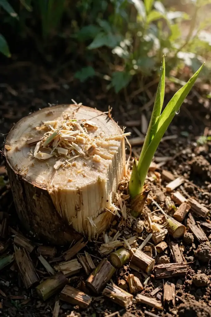Cut plantain stump with a young daughter sucker emerging beside it