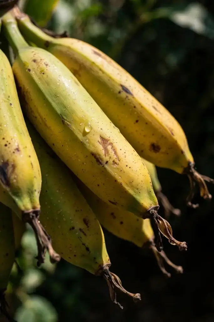 Ripe plantain fingers in close-up showing filled rounded fruit