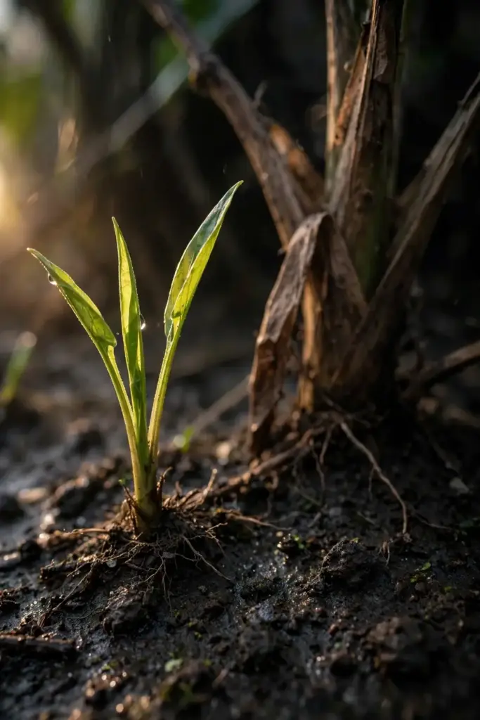 Narrow sword sucker emerging at the base of a plantain mother plant