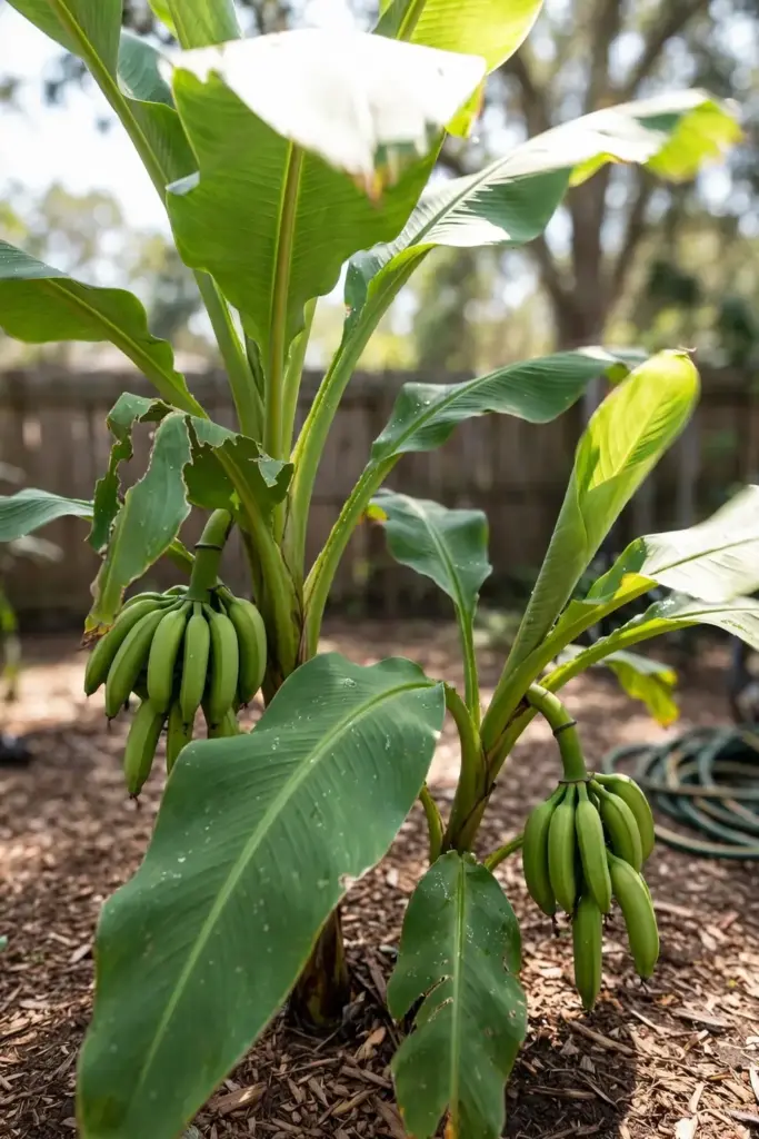 Plantain plants growing in a sunny Florida backyard garden