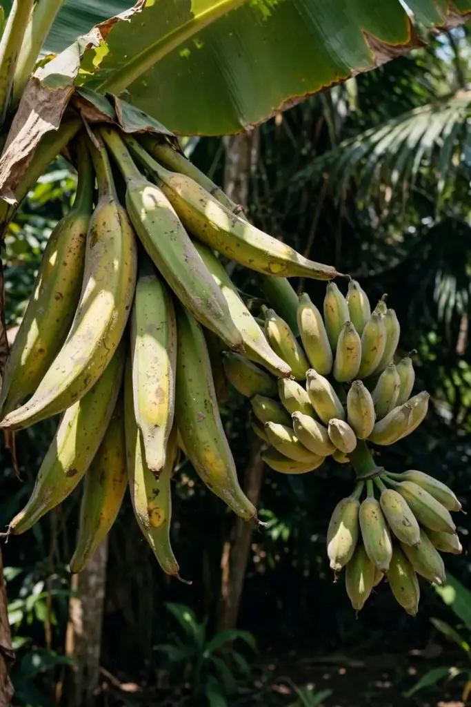 Several plantain bunches of different sizes hanging in a tropical garden