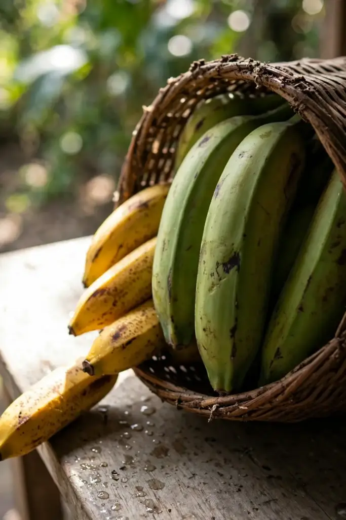 Green plantain bunch beside yellow dessert bananas in a woven basket