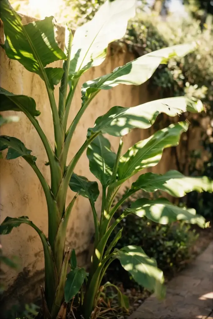 Plantain plants thriving in a warm sunny walled garden sheltered from wind