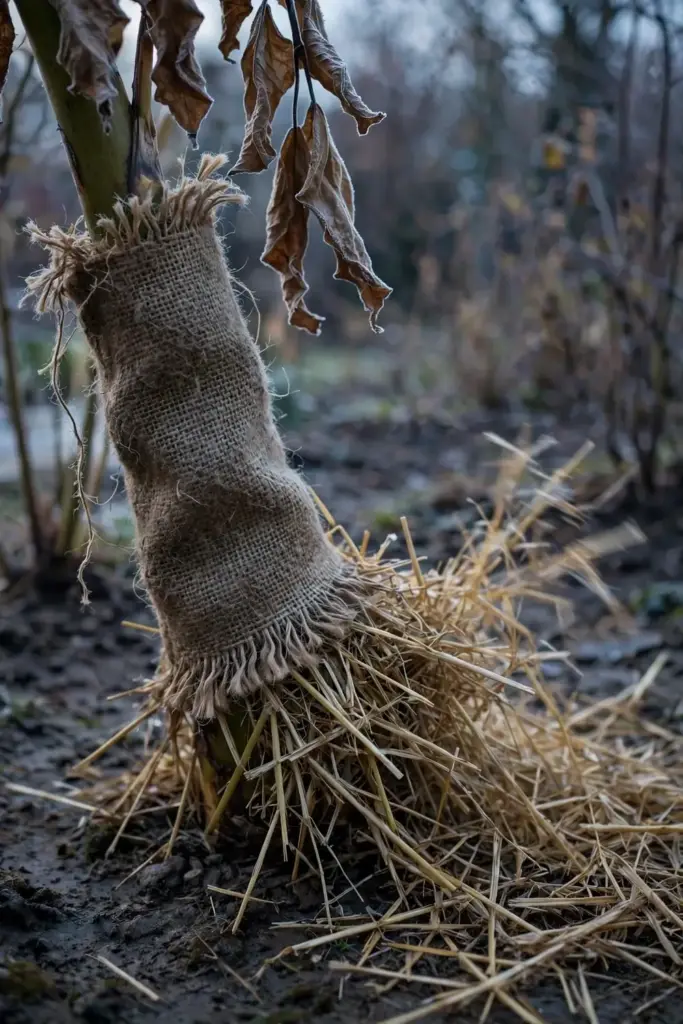 Plantain pseudostem wrapped in burlap with straw mulch for winter