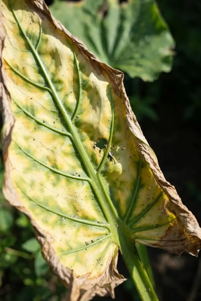 Yellowing plantain leaf showing nutrient deficiency in close-up