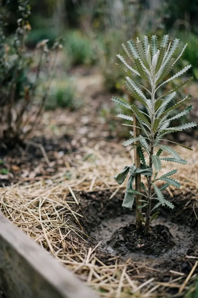 Newly planted banksia watered in deeply with mulch clear of the trunk