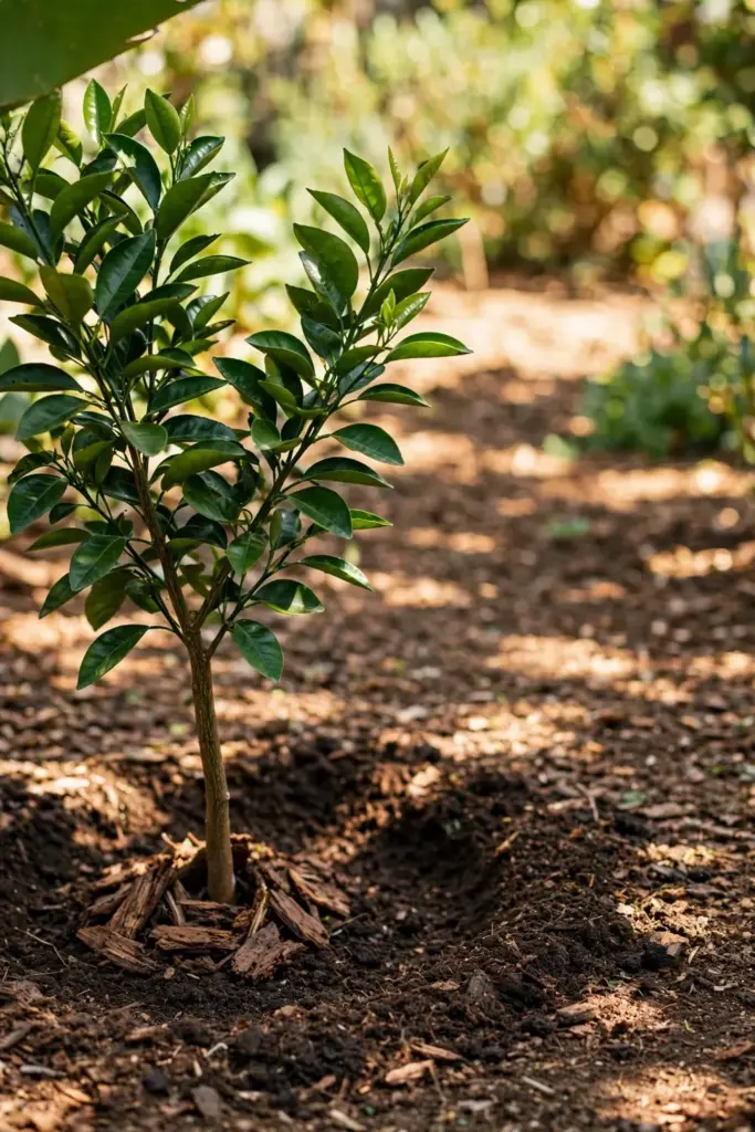 Newly planted young bitter orange tree in a sunny bed with mulch ring