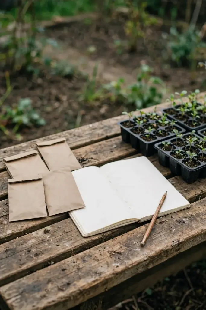 Seed packets and a notebook on a bench beside seedlings