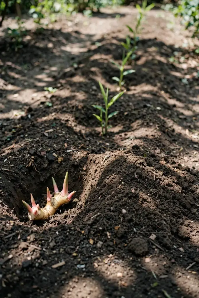 Galangal rhizome piece being planted in a sunny prepared garden bed