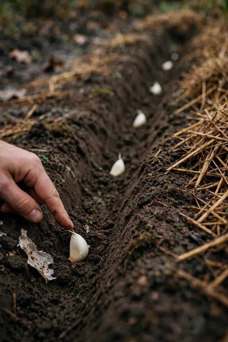 One hand pressing a garlic clove into dark soil along a furrow of spaced cloves