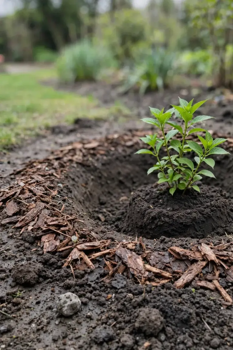 Newly planted hydrangea in a wide shallow hole with a mulch ring around it.