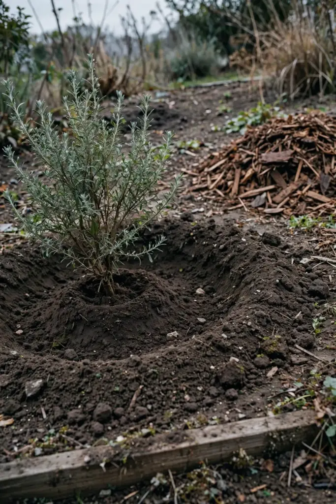 Native shrub planted in a wide hole with loose soil