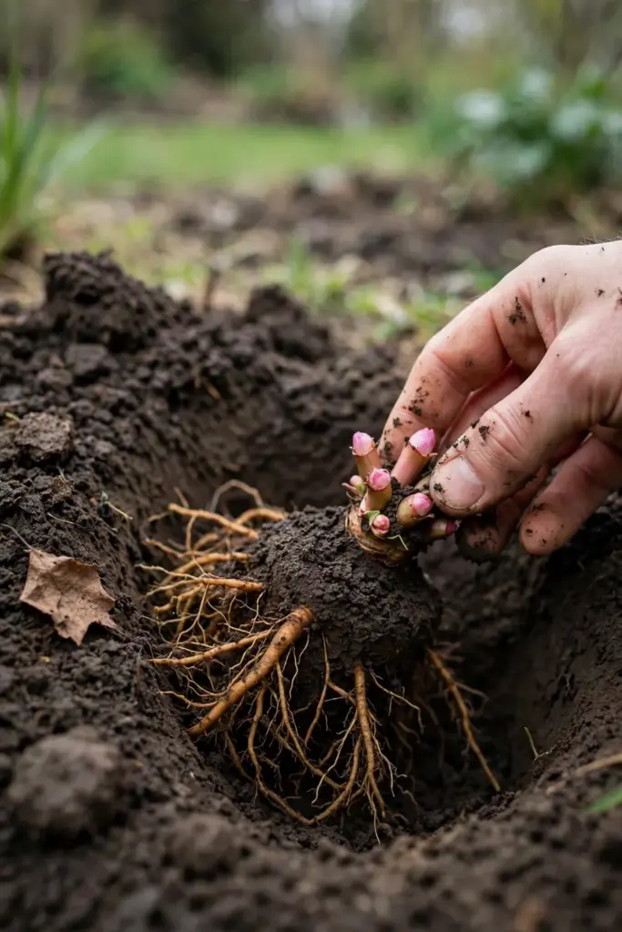 Hand placing a peony bare root with pink eyes into a planting hole