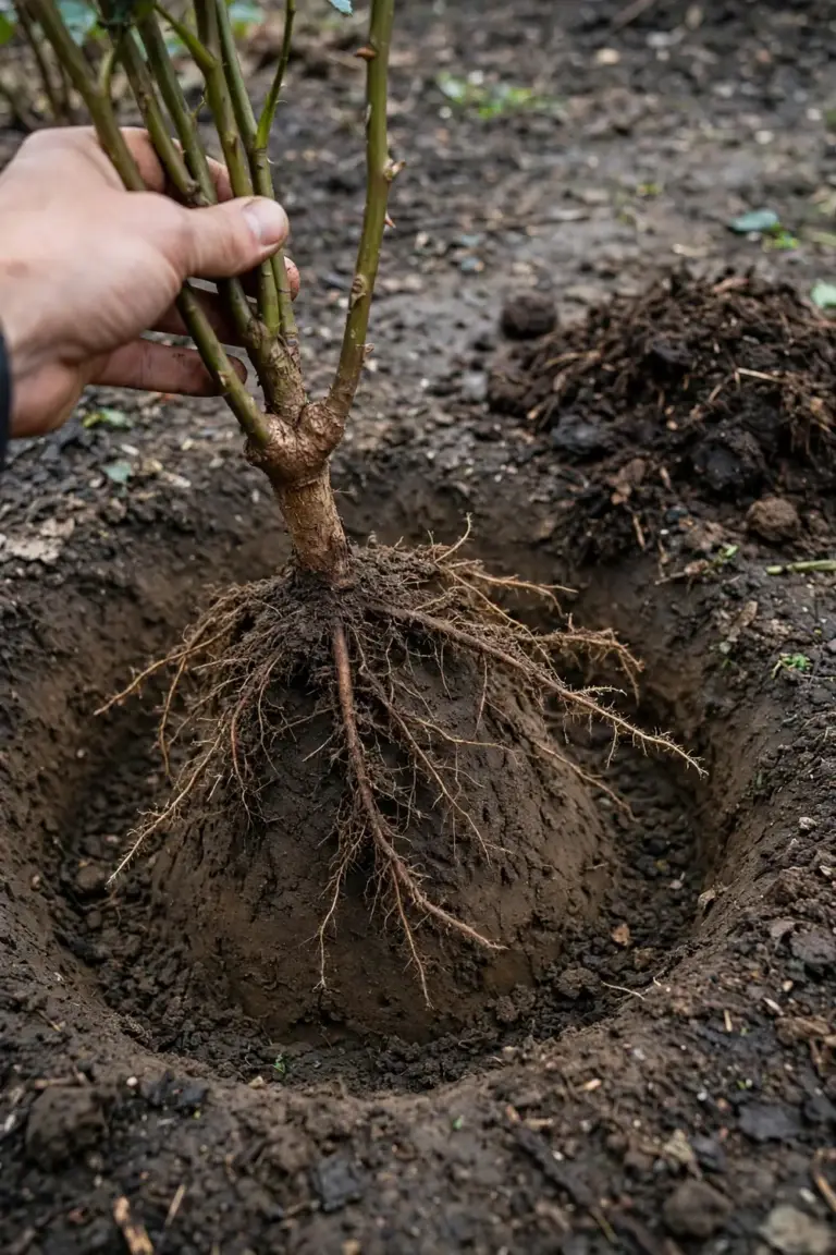 Hand lowering a bare-root rose into a wide planting hole with roots spread over a soil cone