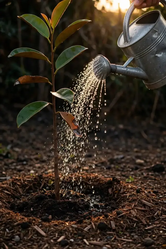 Hand watering a newly planted star apple tree with a watering can