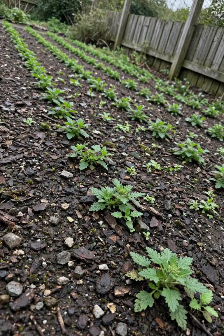 Young verbena plants spaced in a row across a mulched garden bed