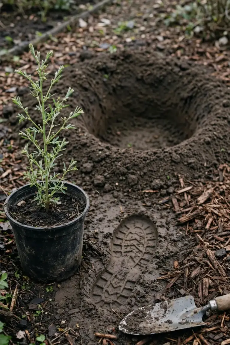Wattle tube stock beside a freshly dug planting hole with a mulch saucer