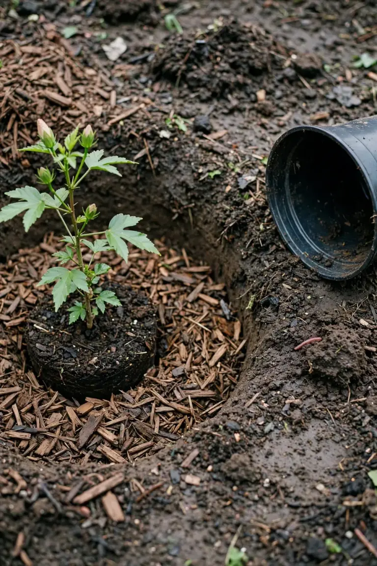 Young hibiscus shrub set into a wide planting hole with compost and a mulch ring around the base