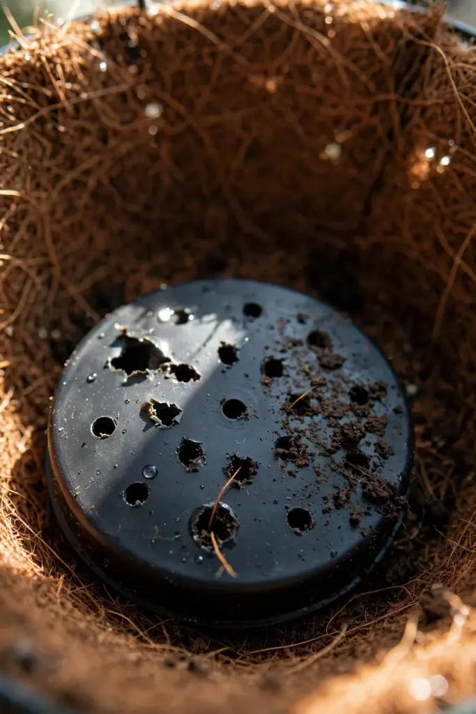 Black plastic disc with drainage holes inside a coco liner