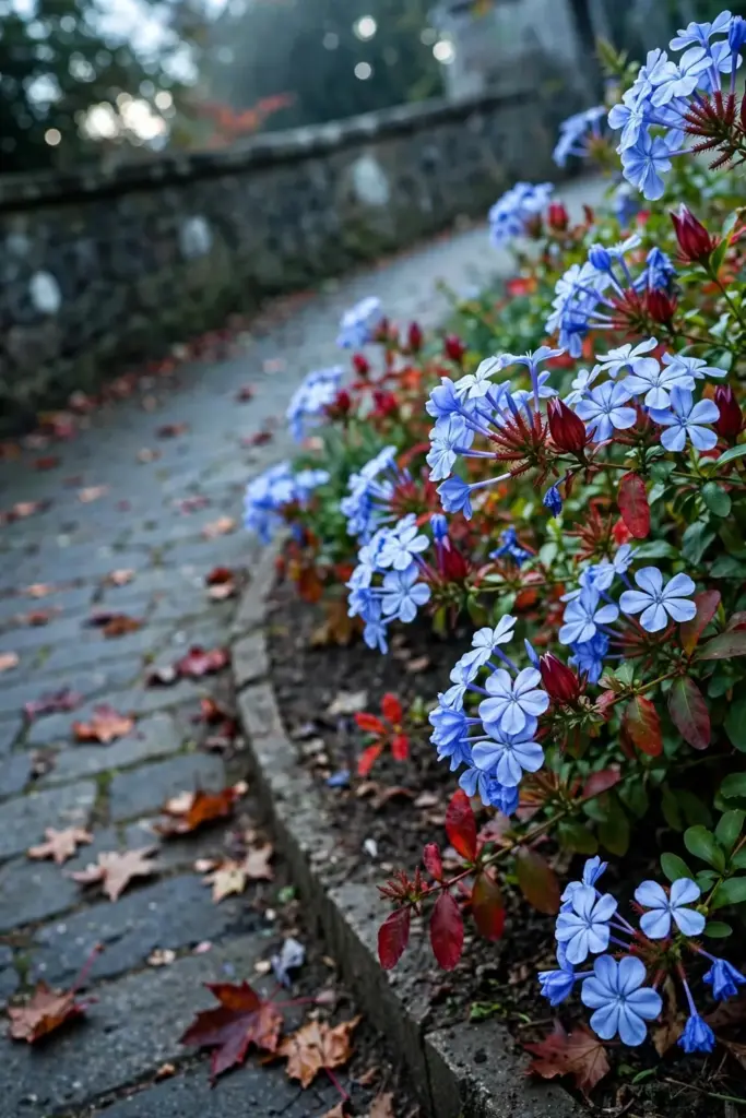 Plumbago gentian-blue flowers edging a path with red-turning fall leaves